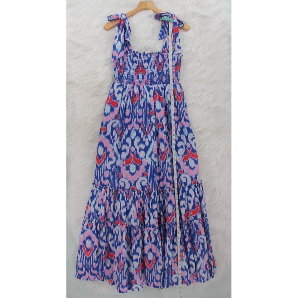 Crown & Ivy Maxi Dress PM Blue Ikat Print Cotton Swiss Dot Smocked Tie NWT #664 - Picture 6 of 14